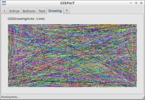 GTKPerf showing multicolored lines to test a systems speed displaying them.